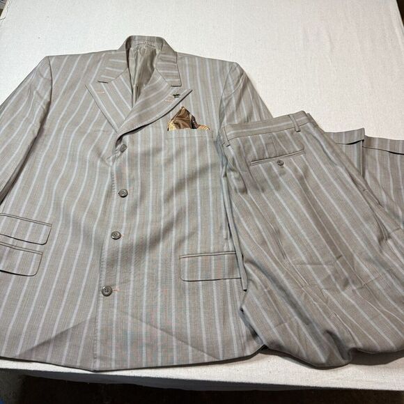 Vintage EJ Samuel 2 Piece Suit + Handkerchief Brown Striped Blazer 46R Pants 40R - Picture 1 of 15